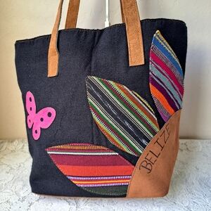 Handmade Ethnic Black Shopper Tote Belize with Pink Butterfly & Flower Petals